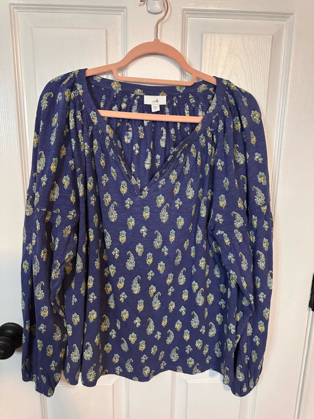 J. Jill Paisley Print Long-Sleeve V-Neck Top in Navy - Picture 3 of 9